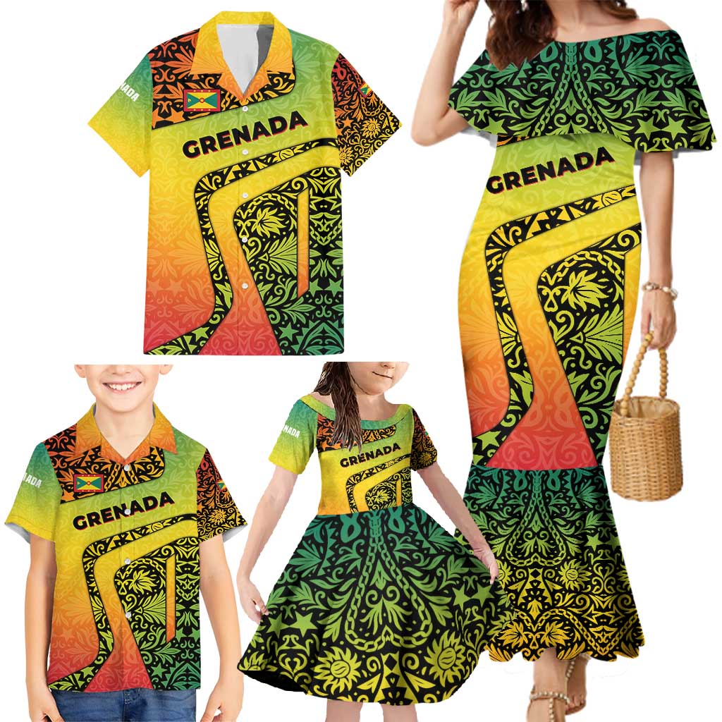 Grenada Tribal Floral Pattern Family Matching Mermaid Dress and Hawaiian Shirt with Rasta Gradient and Flame Motto Design - Wonder Print Shop