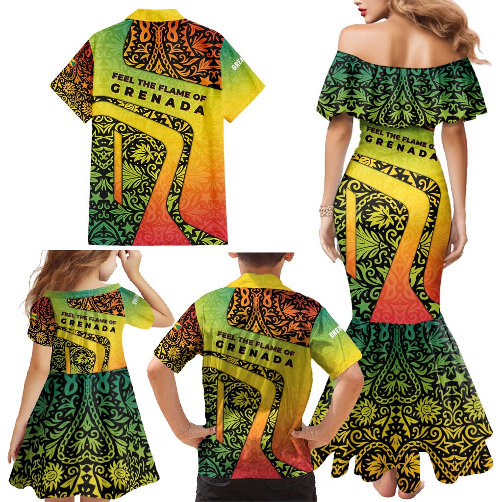 Grenada Tribal Floral Pattern Family Matching Mermaid Dress and Hawaiian Shirt with Rasta Gradient and Flame Motto Design - Wonder Print Shop