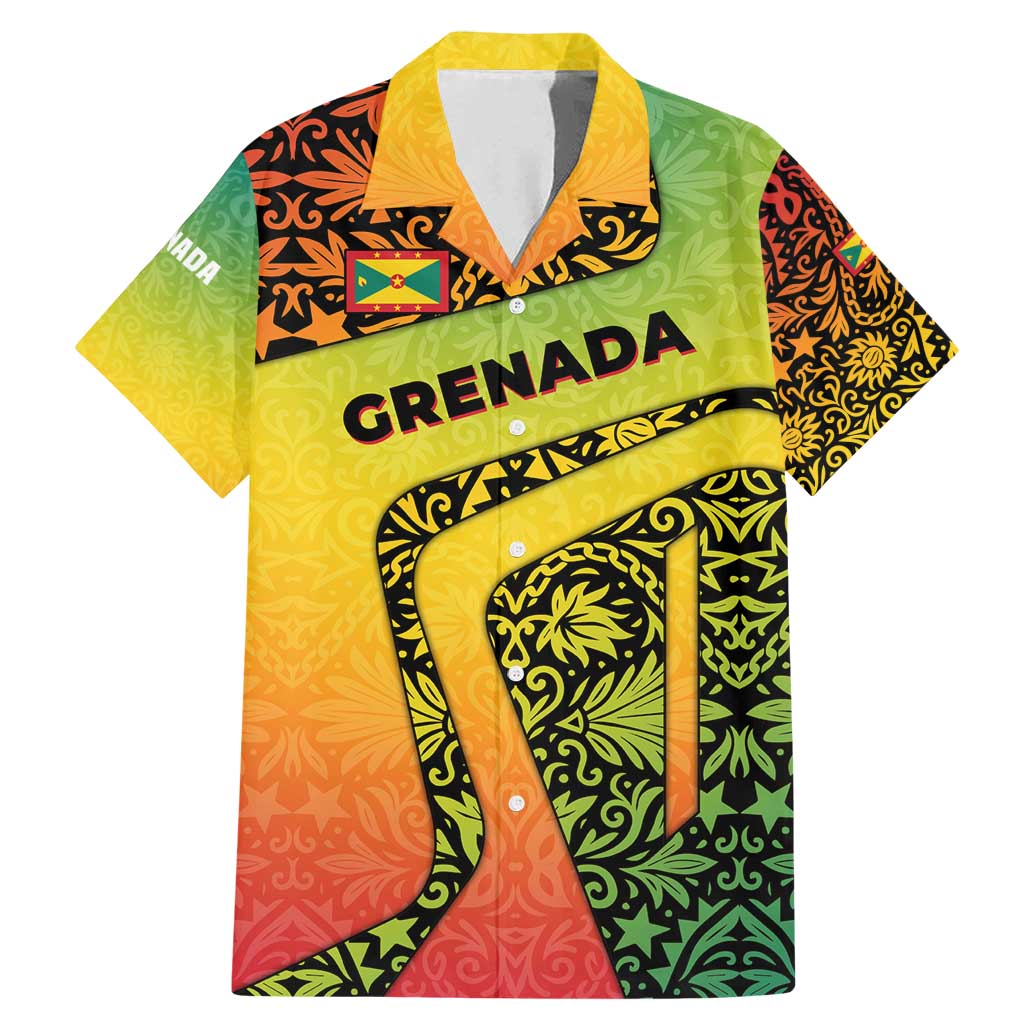 Grenada Tribal Floral Pattern Family Matching Mermaid Dress and Hawaiian Shirt with Rasta Gradient and Flame Motto Design - Wonder Print Shop