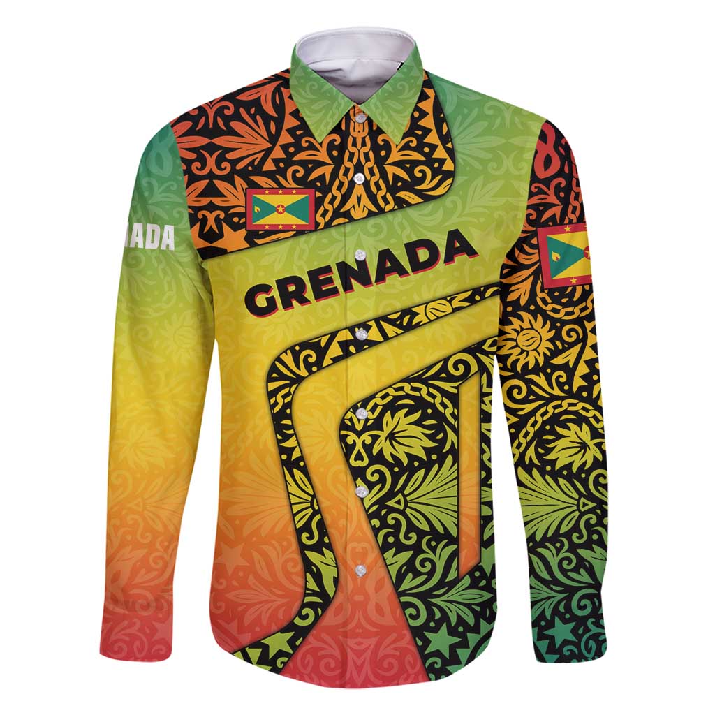 Grenada Tribal Floral Pattern Family Matching Mermaid Dress and Hawaiian Shirt with Rasta Gradient and Flame Motto Design - Wonder Print Shop