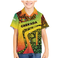 Grenada Tribal Floral Pattern Family Matching Mermaid Dress and Hawaiian Shirt with Rasta Gradient and Flame Motto Design - Wonder Print Shop