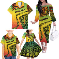Grenada Tribal Floral Pattern Family Matching Off The Shoulder Long Sleeve Dress and Hawaiian Shirt with Rasta Gradient and Flame Motto Design - Wonder Print Shop