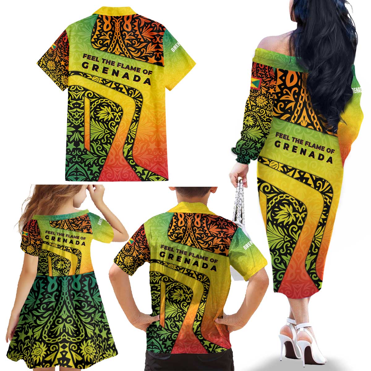 Grenada Tribal Floral Pattern Family Matching Off The Shoulder Long Sleeve Dress and Hawaiian Shirt with Rasta Gradient and Flame Motto Design - Wonder Print Shop