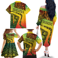 Grenada Tribal Floral Pattern Family Matching Off The Shoulder Long Sleeve Dress and Hawaiian Shirt with Rasta Gradient and Flame Motto Design - Wonder Print Shop