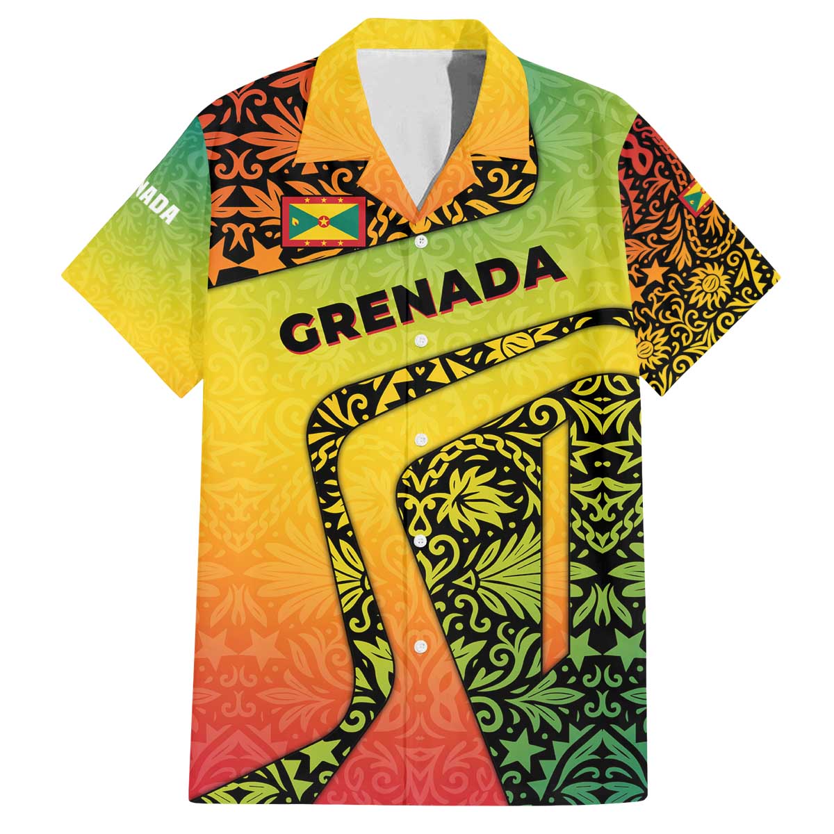 Grenada Tribal Floral Pattern Family Matching Off The Shoulder Long Sleeve Dress and Hawaiian Shirt with Rasta Gradient and Flame Motto Design - Wonder Print Shop