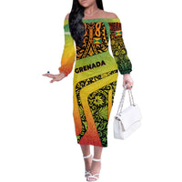 Grenada Tribal Floral Pattern Family Matching Off The Shoulder Long Sleeve Dress and Hawaiian Shirt with Rasta Gradient and Flame Motto Design - Wonder Print Shop