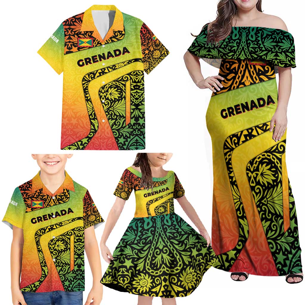 Grenada Tribal Floral Pattern Family Matching Off Shoulder Maxi Dress and Hawaiian Shirt with Rasta Gradient and Flame Motto Design - Wonder Print Shop