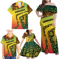 Grenada Tribal Floral Pattern Family Matching Off Shoulder Maxi Dress and Hawaiian Shirt with Rasta Gradient and Flame Motto Design - Wonder Print Shop