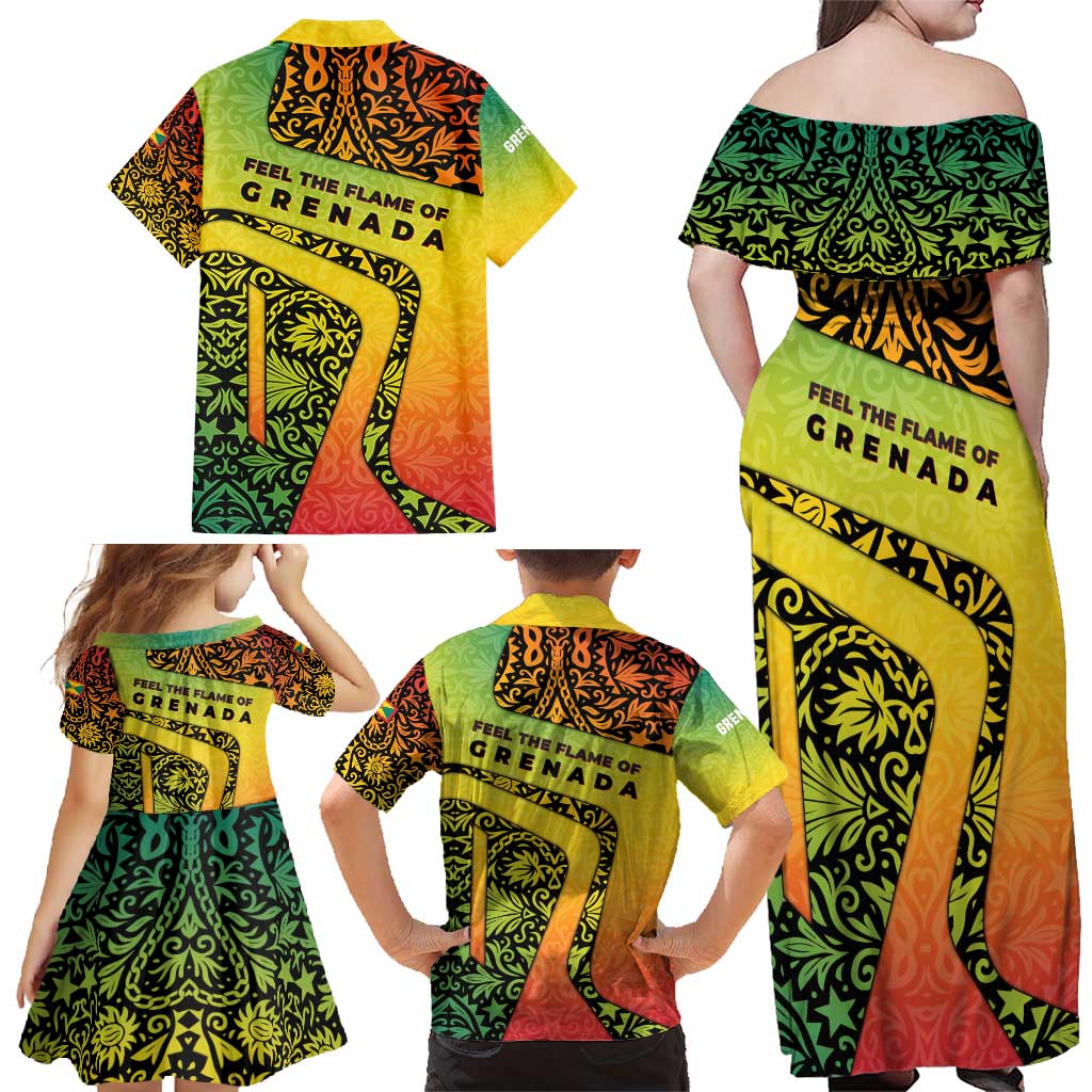 Grenada Tribal Floral Pattern Family Matching Off Shoulder Maxi Dress and Hawaiian Shirt with Rasta Gradient and Flame Motto Design - Wonder Print Shop