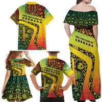 Grenada Tribal Floral Pattern Family Matching Off Shoulder Maxi Dress and Hawaiian Shirt with Rasta Gradient and Flame Motto Design - Wonder Print Shop