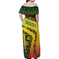 Grenada Tribal Floral Pattern Family Matching Off Shoulder Maxi Dress and Hawaiian Shirt with Rasta Gradient and Flame Motto Design - Wonder Print Shop