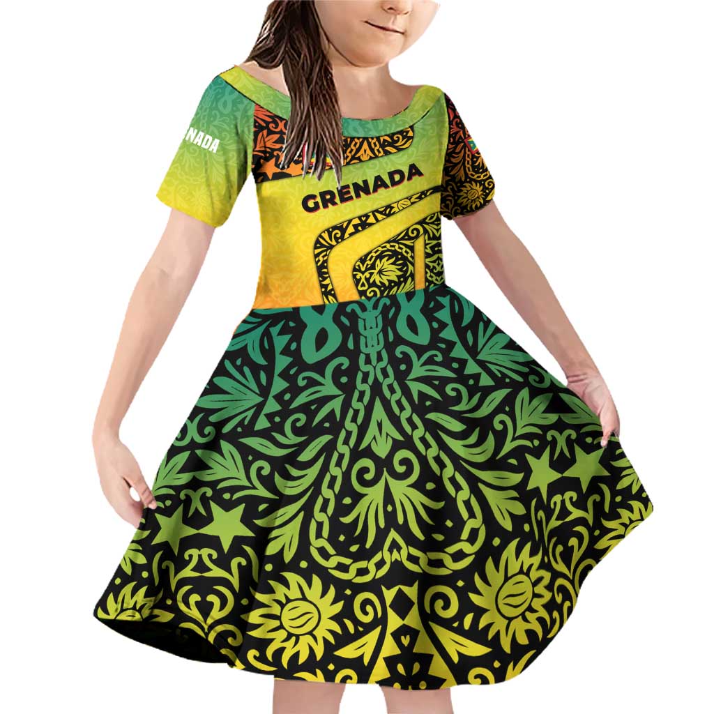 Grenada Tribal Floral Pattern Family Matching Off Shoulder Short Dress and Hawaiian Shirt with Rasta Gradient and Flame Motto Design - Wonder Print Shop