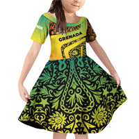 Grenada Tribal Floral Pattern Family Matching Off Shoulder Short Dress and Hawaiian Shirt with Rasta Gradient and Flame Motto Design - Wonder Print Shop