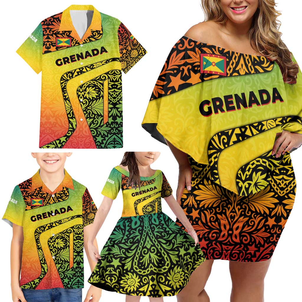 Grenada Tribal Floral Pattern Family Matching Off Shoulder Short Dress and Hawaiian Shirt with Rasta Gradient and Flame Motto Design - Wonder Print Shop