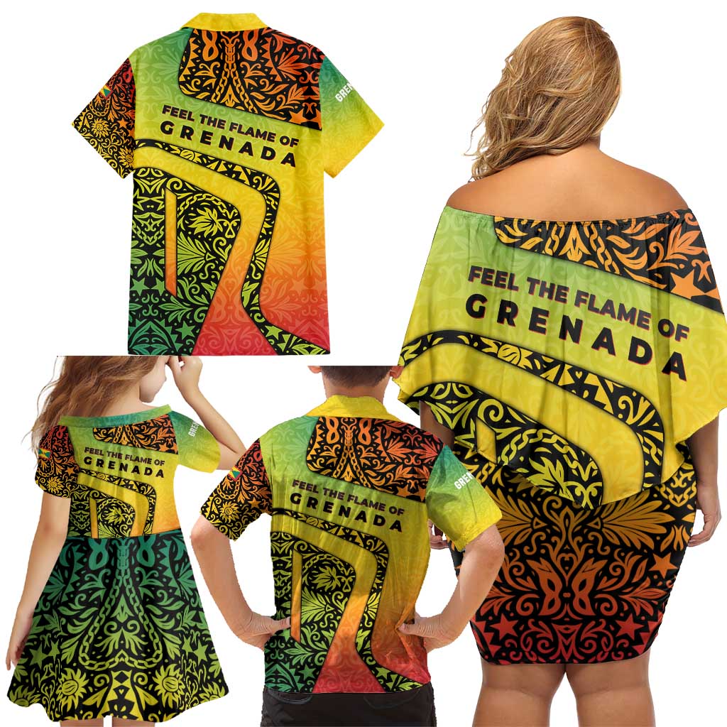 Grenada Tribal Floral Pattern Family Matching Off Shoulder Short Dress and Hawaiian Shirt with Rasta Gradient and Flame Motto Design - Wonder Print Shop