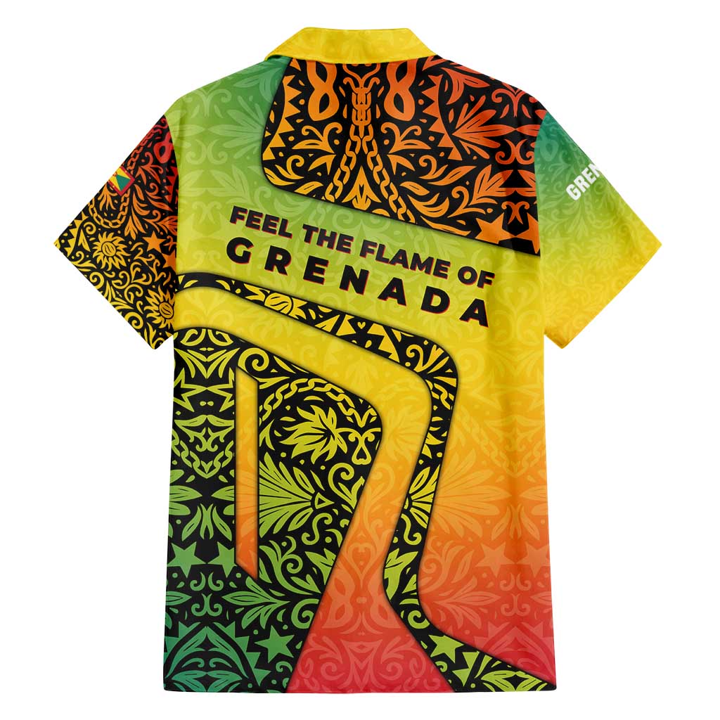 Grenada Tribal Floral Pattern Family Matching Off Shoulder Short Dress and Hawaiian Shirt with Rasta Gradient and Flame Motto Design - Wonder Print Shop