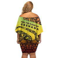 Grenada Tribal Floral Pattern Family Matching Off Shoulder Short Dress and Hawaiian Shirt with Rasta Gradient and Flame Motto Design - Wonder Print Shop