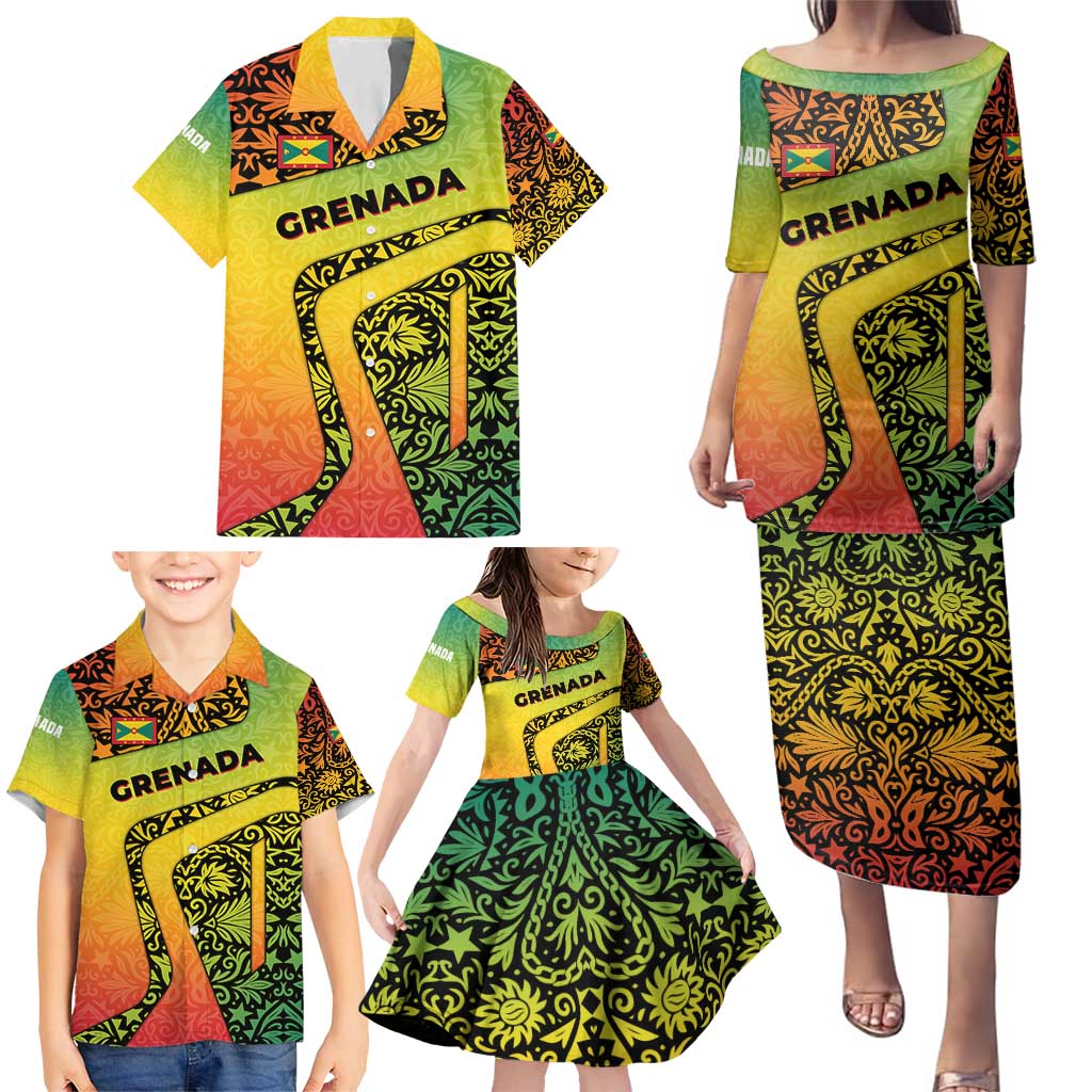 Grenada Tribal Floral Pattern Family Matching Puletasi and Hawaiian Shirt with Rasta Gradient and Flame Motto Design - Wonder Print Shop