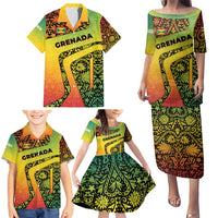 Grenada Tribal Floral Pattern Family Matching Puletasi and Hawaiian Shirt with Rasta Gradient and Flame Motto Design - Wonder Print Shop