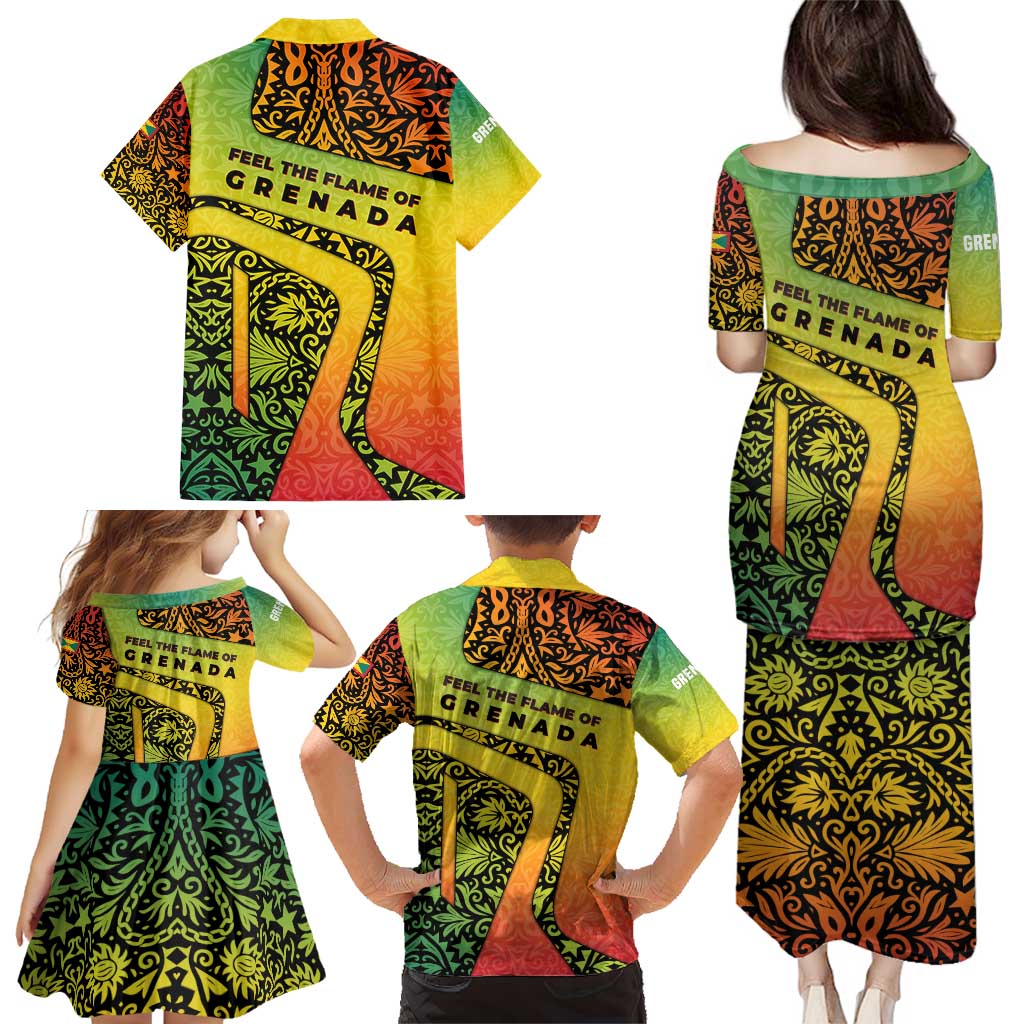 Grenada Tribal Floral Pattern Family Matching Puletasi and Hawaiian Shirt with Rasta Gradient and Flame Motto Design - Wonder Print Shop