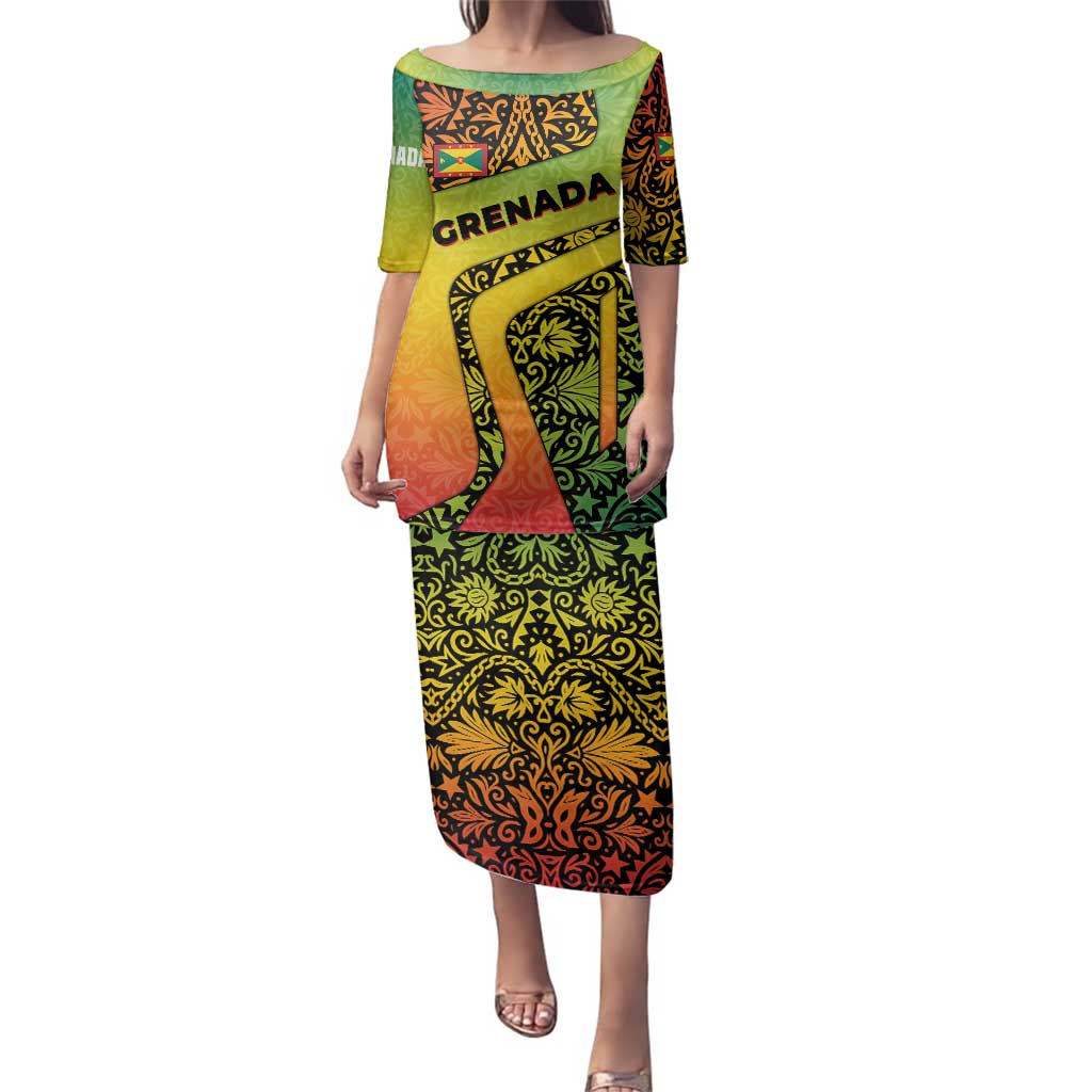 Grenada Tribal Floral Pattern Family Matching Puletasi and Hawaiian Shirt with Rasta Gradient and Flame Motto Design - Wonder Print Shop