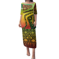 Grenada Tribal Floral Pattern Family Matching Puletasi and Hawaiian Shirt with Rasta Gradient and Flame Motto Design - Wonder Print Shop