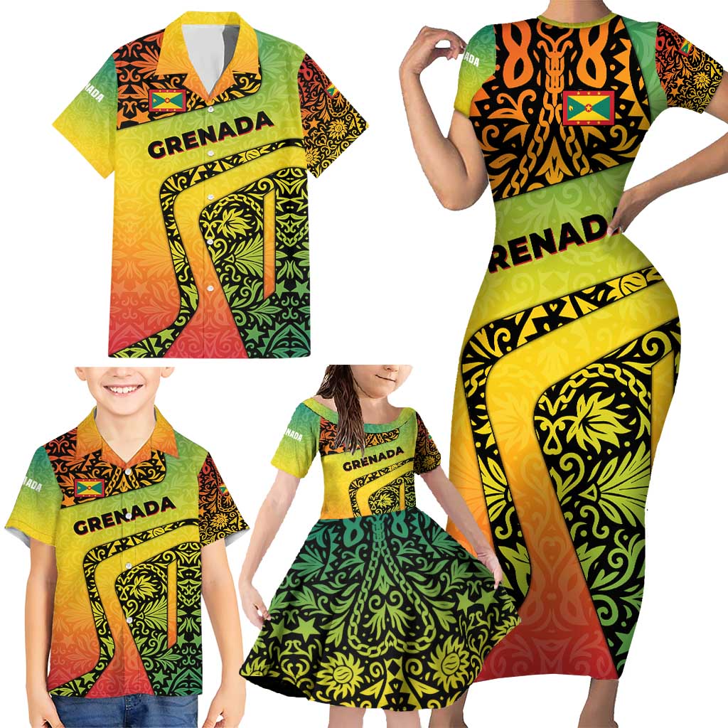 Grenada Tribal Floral Pattern Family Matching Short Sleeve Bodycon Dress and Hawaiian Shirt with Rasta Gradient and Flame Motto Design - Wonder Print Shop
