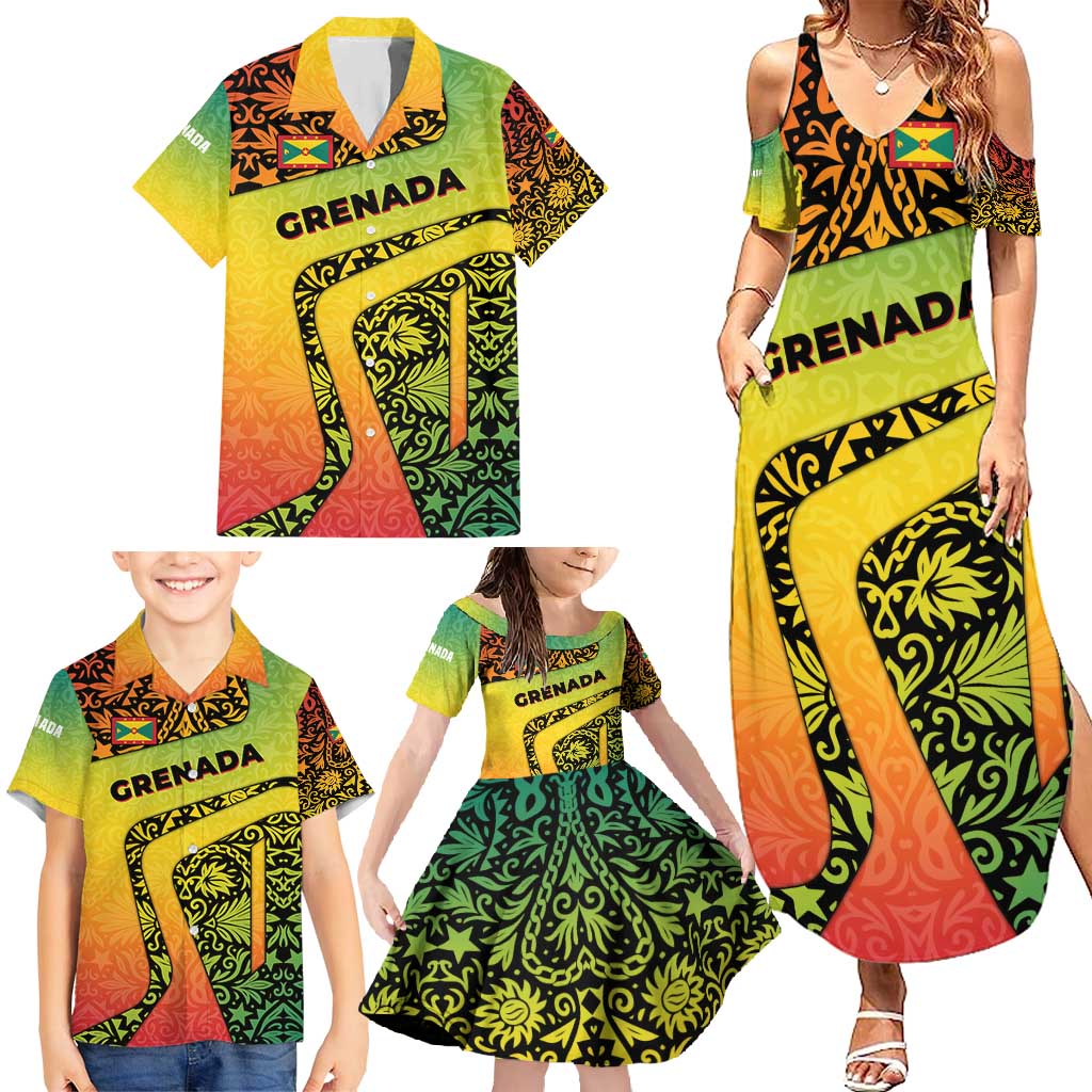 Grenada Tribal Floral Pattern Family Matching Summer Maxi Dress and Hawaiian Shirt with Rasta Gradient and Flame Motto Design - Wonder Print Shop