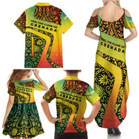 Grenada Tribal Floral Pattern Family Matching Summer Maxi Dress and Hawaiian Shirt with Rasta Gradient and Flame Motto Design - Wonder Print Shop