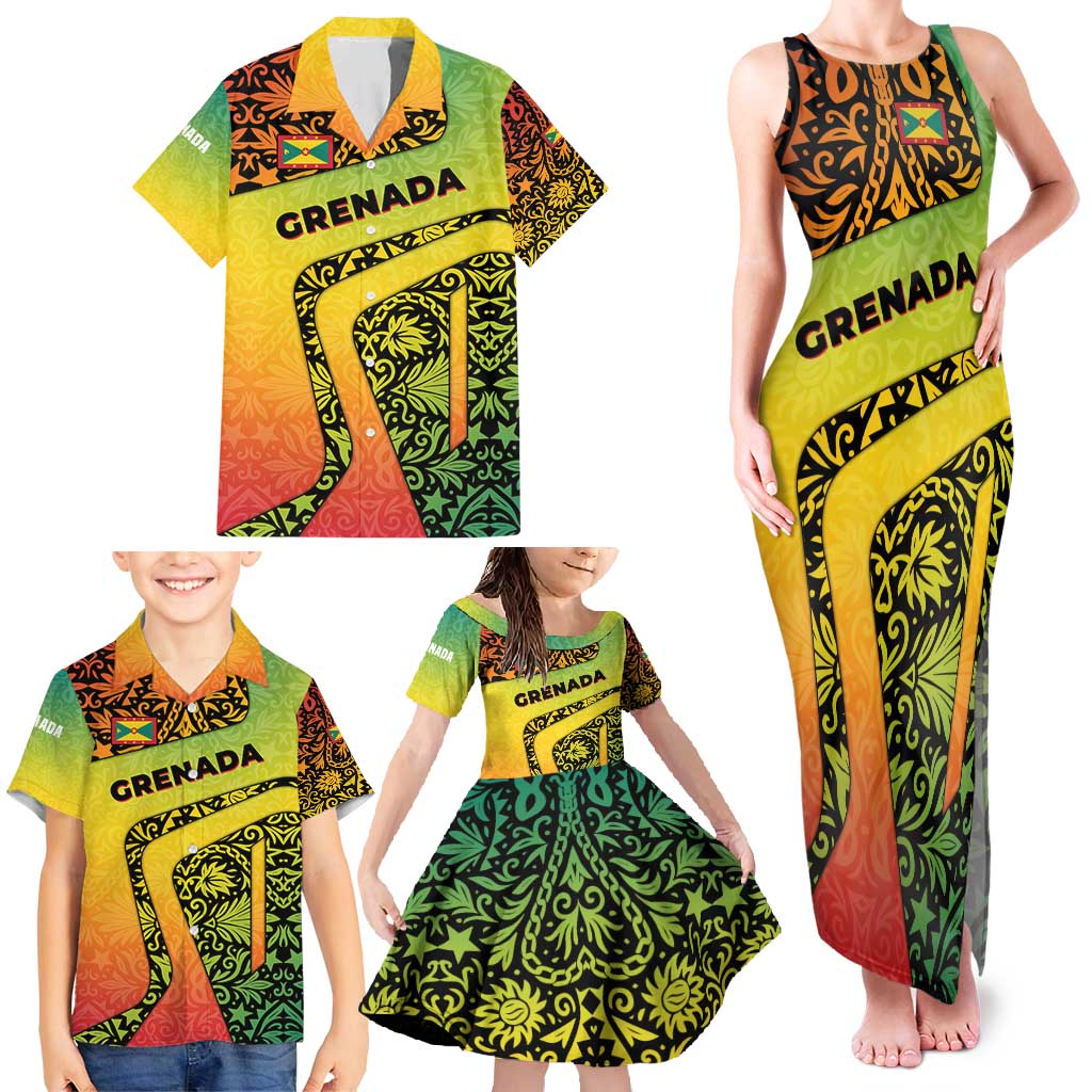 Grenada Tribal Floral Pattern Family Matching Tank Maxi Dress and Hawaiian Shirt with Rasta Gradient and Flame Motto Design - Wonder Print Shop