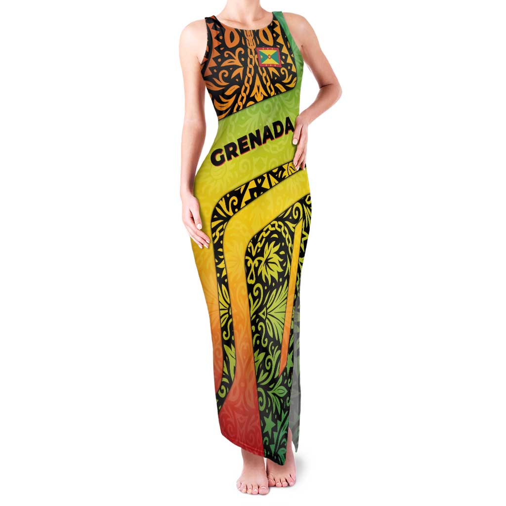 Grenada Tribal Floral Pattern Family Matching Tank Maxi Dress and Hawaiian Shirt with Rasta Gradient and Flame Motto Design - Wonder Print Shop