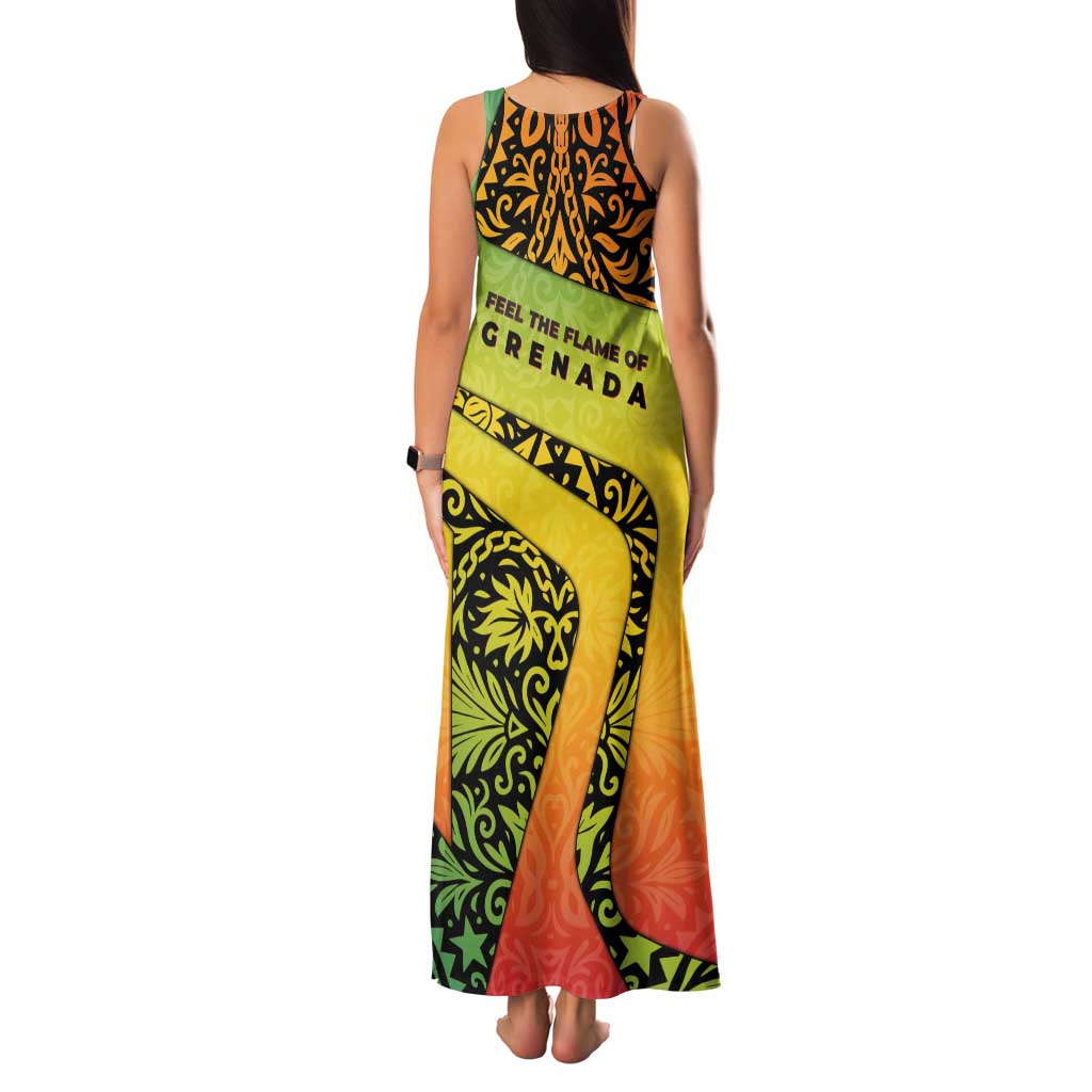 Grenada Tribal Floral Pattern Family Matching Tank Maxi Dress and Hawaiian Shirt with Rasta Gradient and Flame Motto Design - Wonder Print Shop