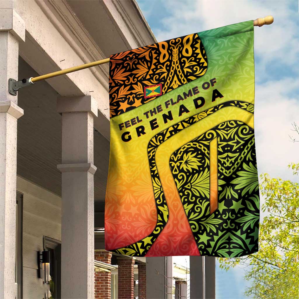 Grenada Tribal Floral Pattern Garden Flag with Rasta Gradient and Flame Motto Design - Wonder Print Shop