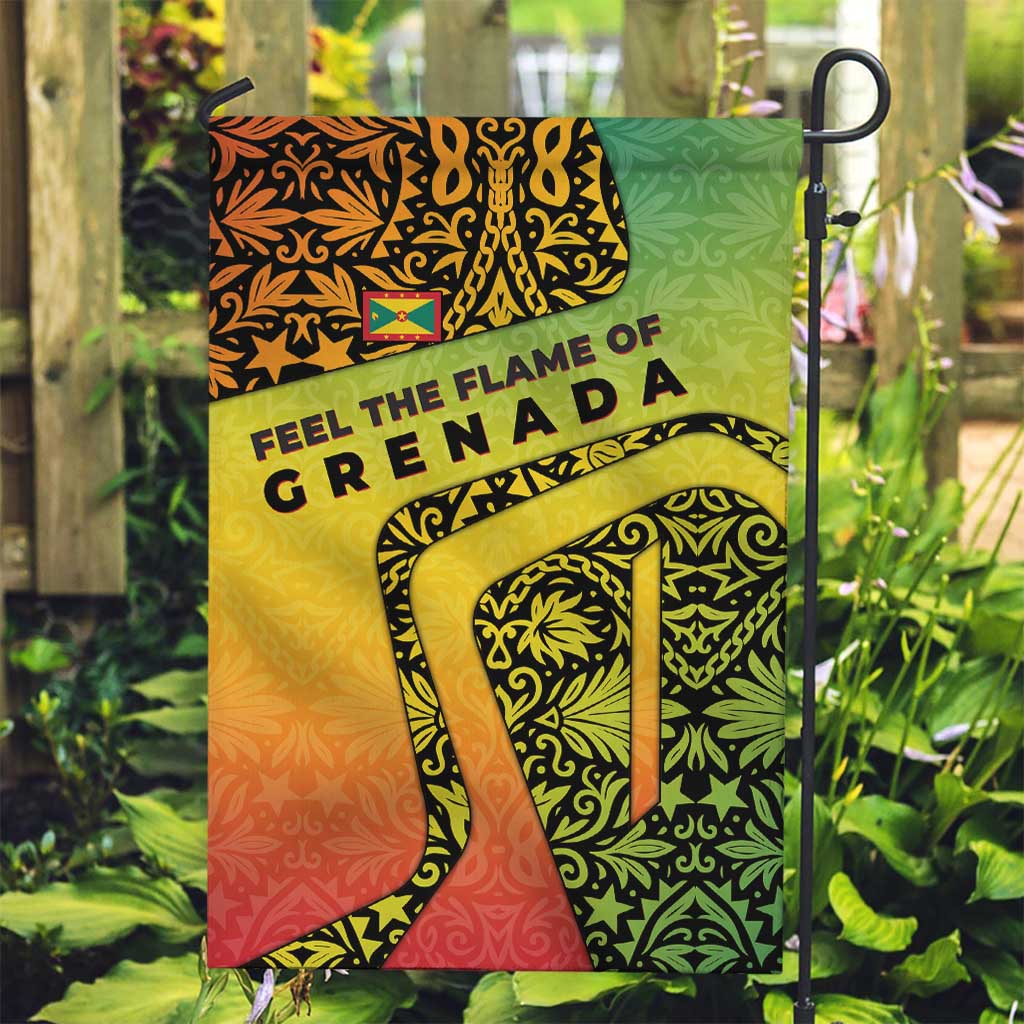 Grenada Tribal Floral Pattern Garden Flag with Rasta Gradient and Flame Motto Design - Wonder Print Shop