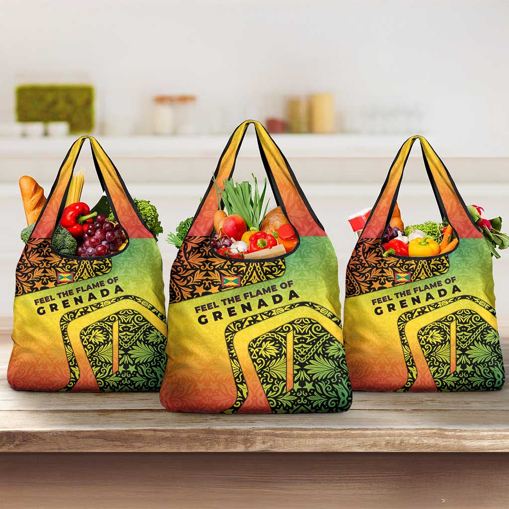 Grenada Tribal Floral Pattern Grocery Bag with Rasta Gradient and Flame Motto Design - Wonder Print Shop