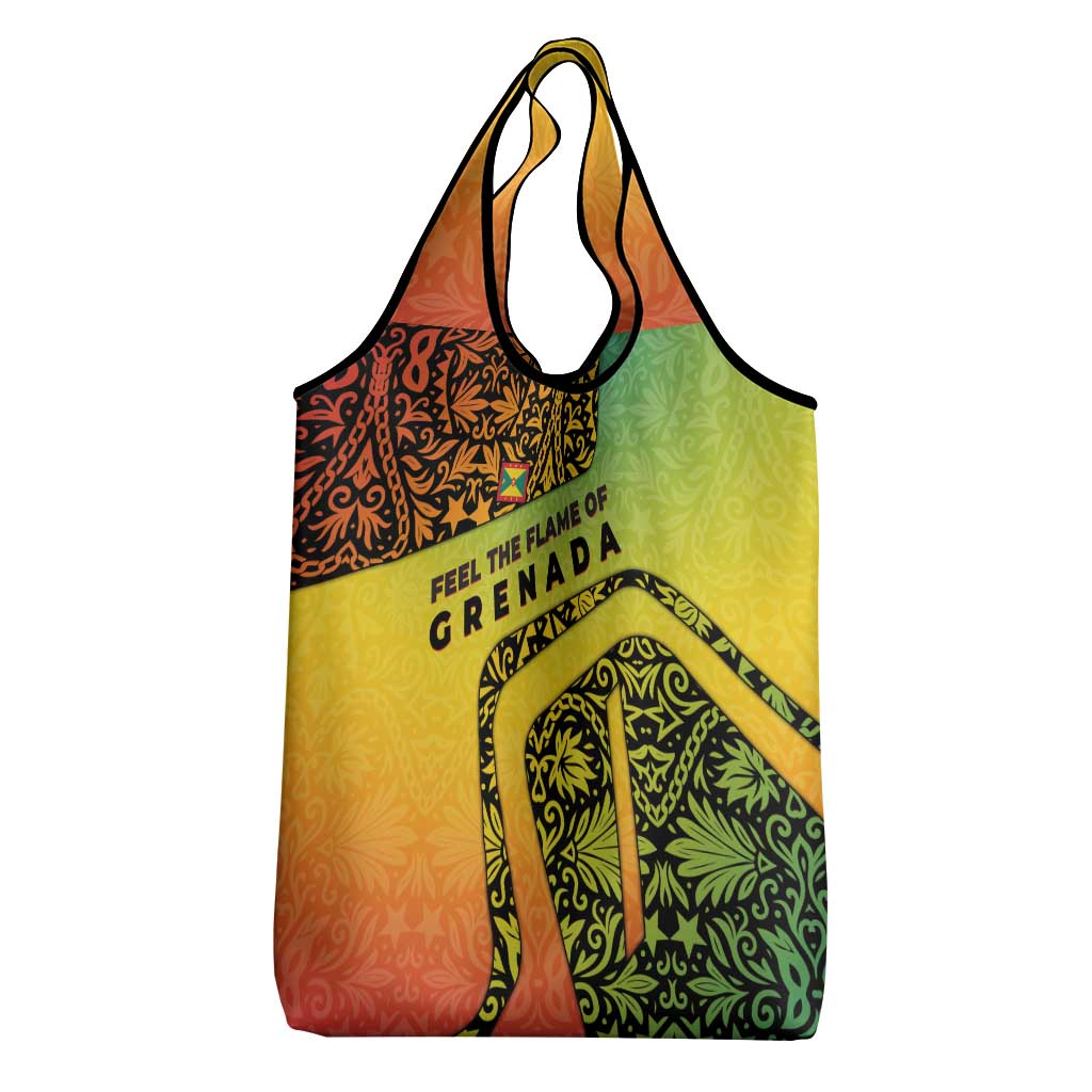 Grenada Tribal Floral Pattern Grocery Bag with Rasta Gradient and Flame Motto Design - Wonder Print Shop