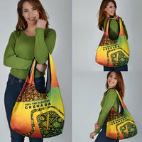 Grenada Tribal Floral Pattern Grocery Bag with Rasta Gradient and Flame Motto Design - Wonder Print Shop