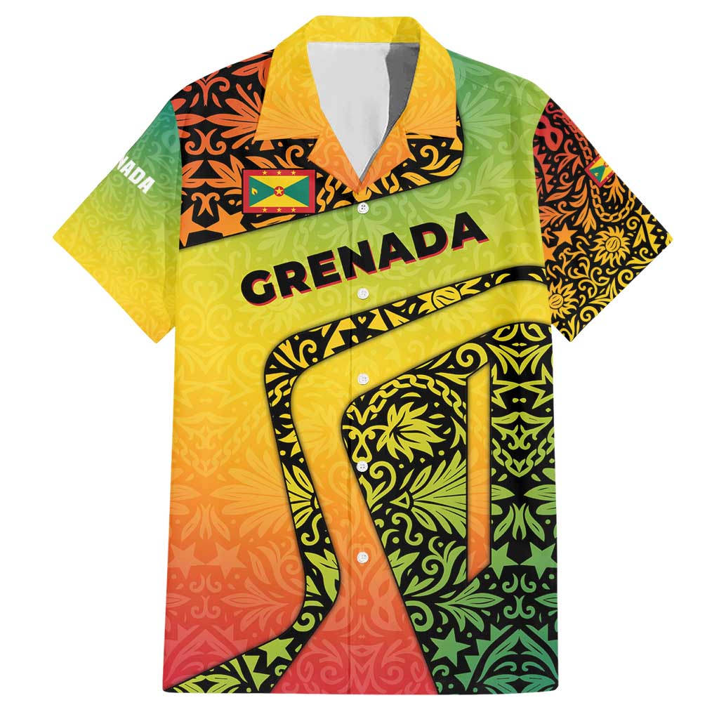 Grenada Tribal Floral Pattern Hawaiian Shirt with Rasta Gradient and Flame Motto Design - Wonder Print Shop