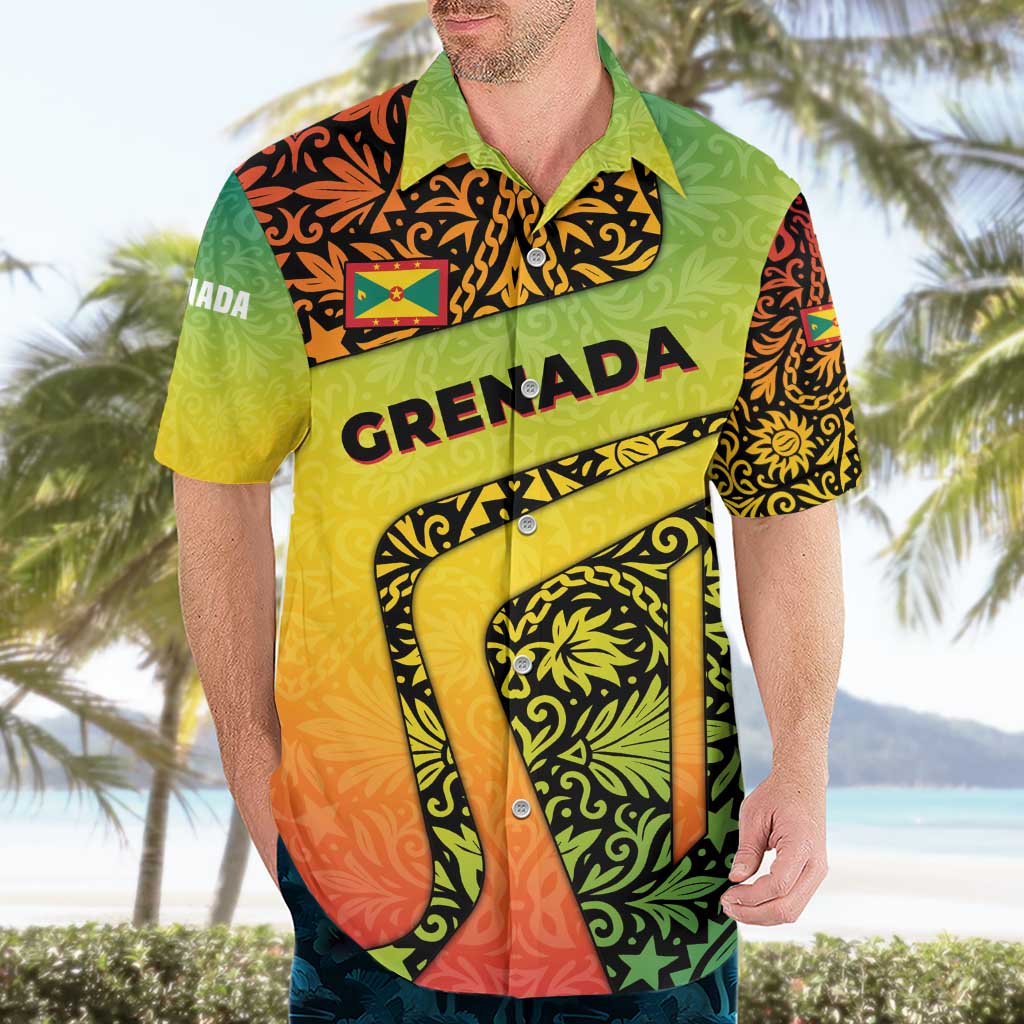 Grenada Tribal Floral Pattern Hawaiian Shirt with Rasta Gradient and Flame Motto Design - Wonder Print Shop