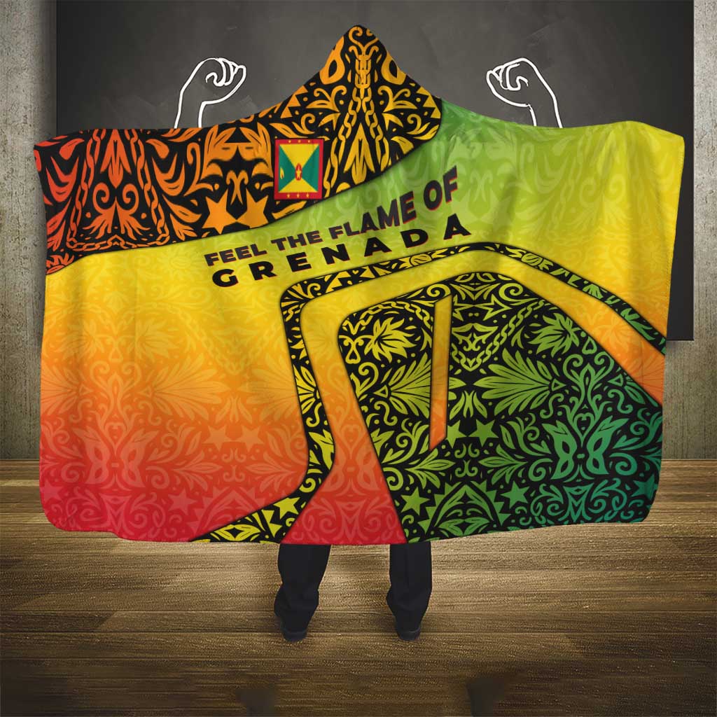 Grenada Tribal Floral Pattern Hooded Blanket with Rasta Gradient and Flame Motto Design - Wonder Print Shop