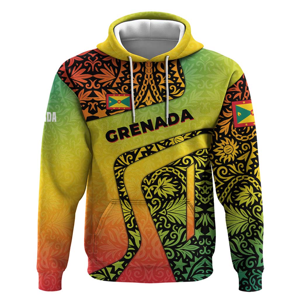 Grenada Tribal Floral Pattern Hoodie with Rasta Gradient and Flame Motto Design - Wonder Print Shop