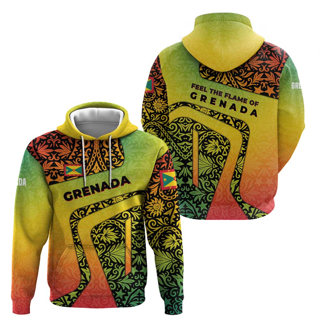 Grenada Tribal Floral Pattern Hoodie with Rasta Gradient and Flame Motto Design - Wonder Print Shop