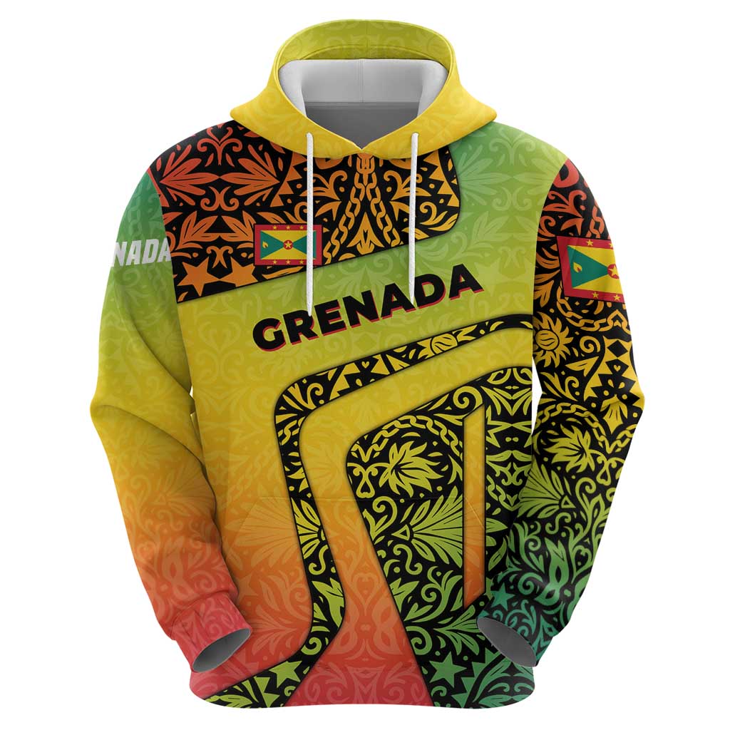 Grenada Tribal Floral Pattern Hoodie with Rasta Gradient and Flame Motto Design - Wonder Print Shop