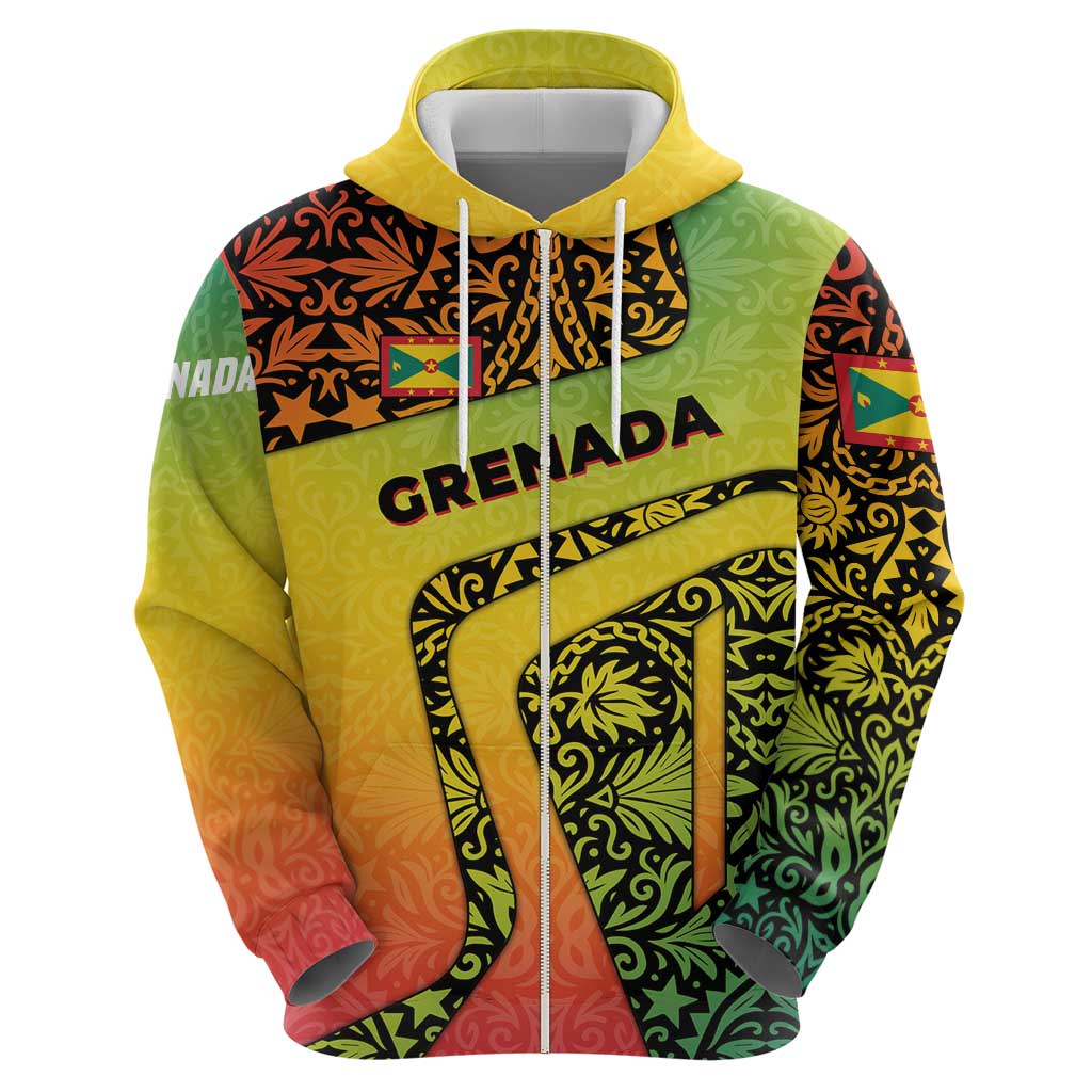 Grenada Tribal Floral Pattern Hoodie with Rasta Gradient and Flame Motto Design - Wonder Print Shop
