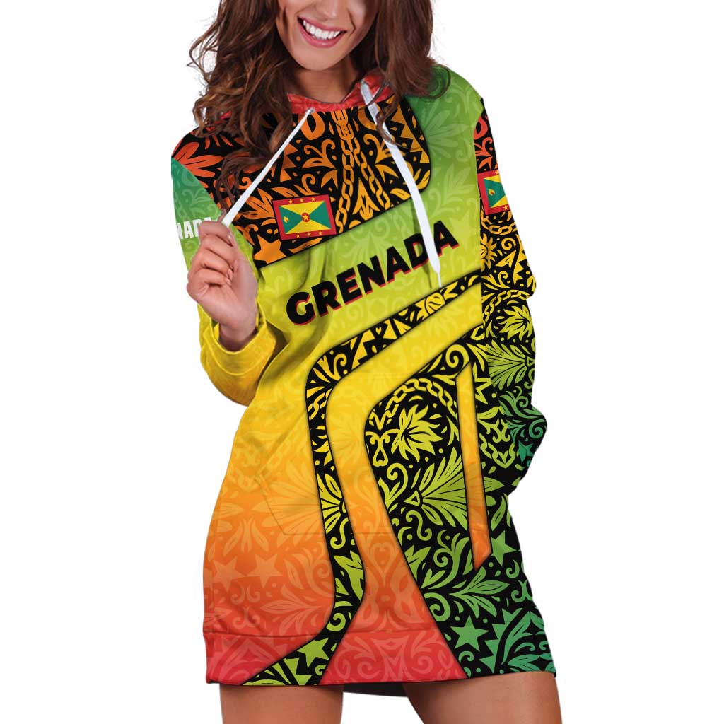Grenada Tribal Floral Pattern Hoodie Dress with Rasta Gradient and Flame Motto Design - Wonder Print Shop