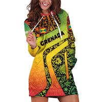 Grenada Tribal Floral Pattern Hoodie Dress with Rasta Gradient and Flame Motto Design - Wonder Print Shop