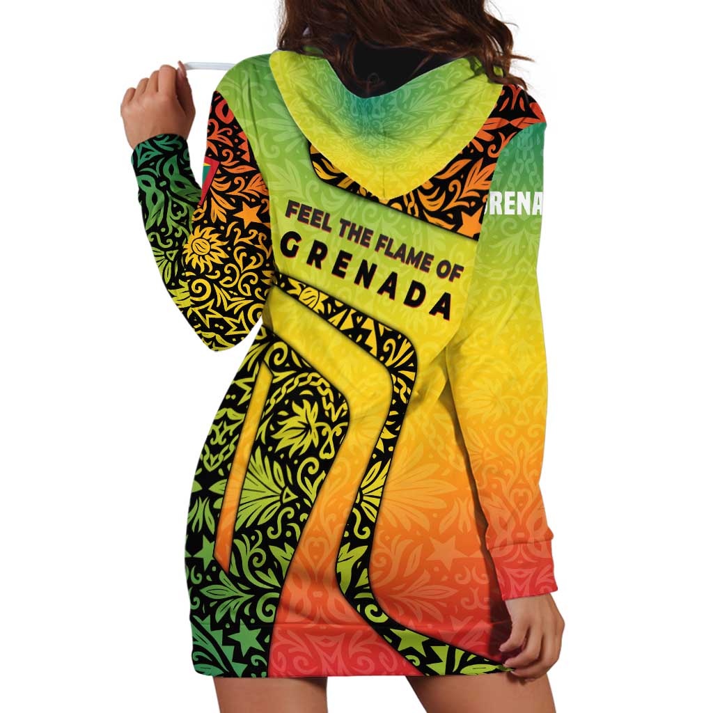 Grenada Tribal Floral Pattern Hoodie Dress with Rasta Gradient and Flame Motto Design - Wonder Print Shop