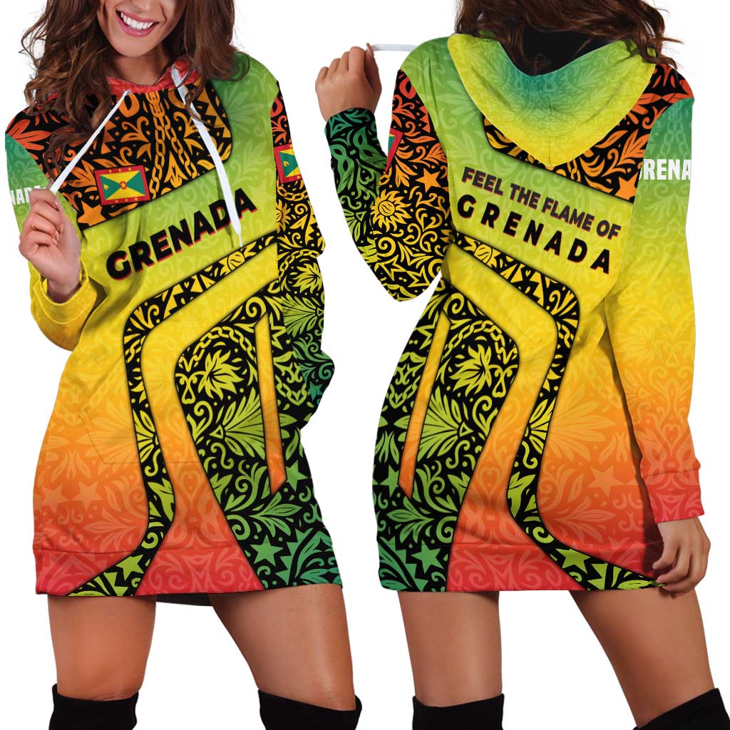 Grenada Tribal Floral Pattern Hoodie Dress with Rasta Gradient and Flame Motto Design - Wonder Print Shop