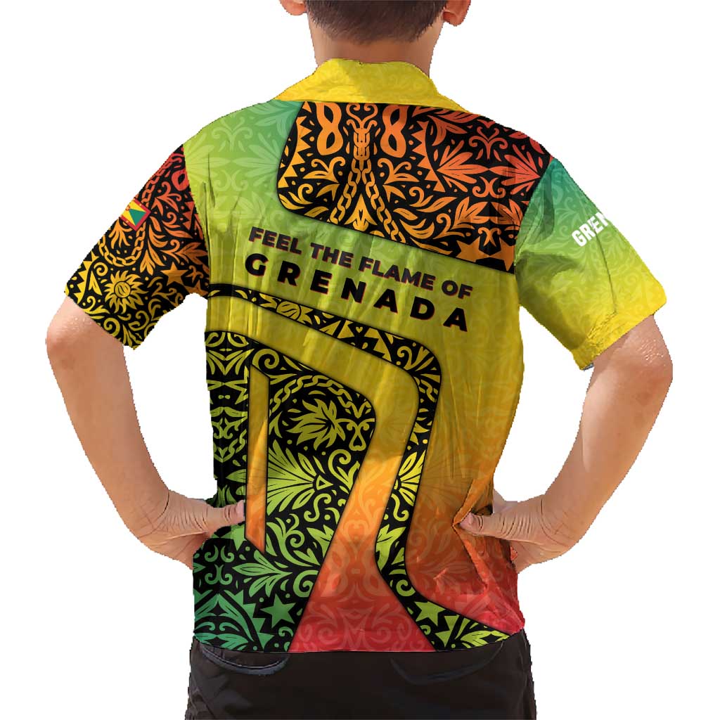 Grenada Tribal Floral Pattern Kid Hawaiian Shirt with Rasta Gradient and Flame Motto Design - Wonder Print Shop
