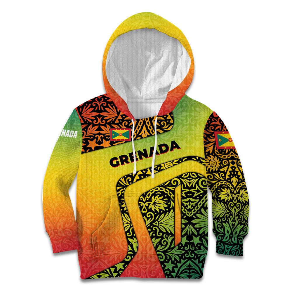 Grenada Tribal Floral Pattern Kid Hoodie with Rasta Gradient and Flame Motto Design - Wonder Print Shop